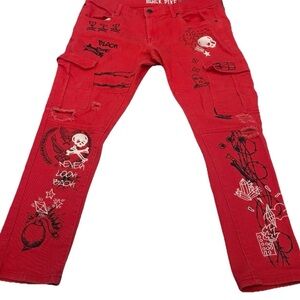 Black Pike Red Graphic Jeans - Distressed Streetwear Cargo - Drip Wear 36x32”